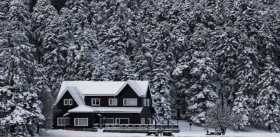 Dark snow-covered house in front of snowy trees