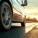 Close-up of a vehicle driving on a highway at sunset
