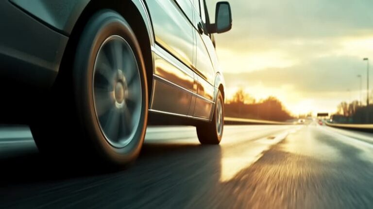 Close-up of a vehicle driving on a highway at sunset