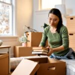 Woman packing books into moving boxes inside a new home