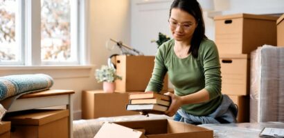 Woman packing books into moving boxes inside a new home